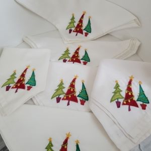 Christmas Holiday Napkins Applique  Embroidered Stitching Christmas Trees- 6